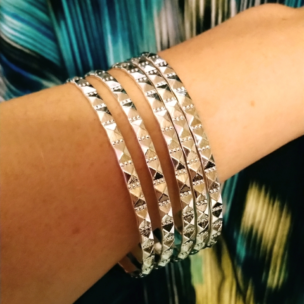 Silver Bangle Bracelets Matching Set of 5
